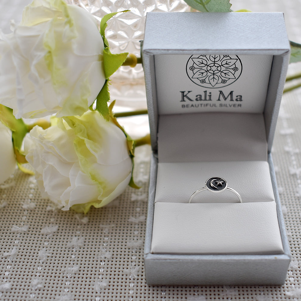 Faith oxidised moon & star fine band ring
