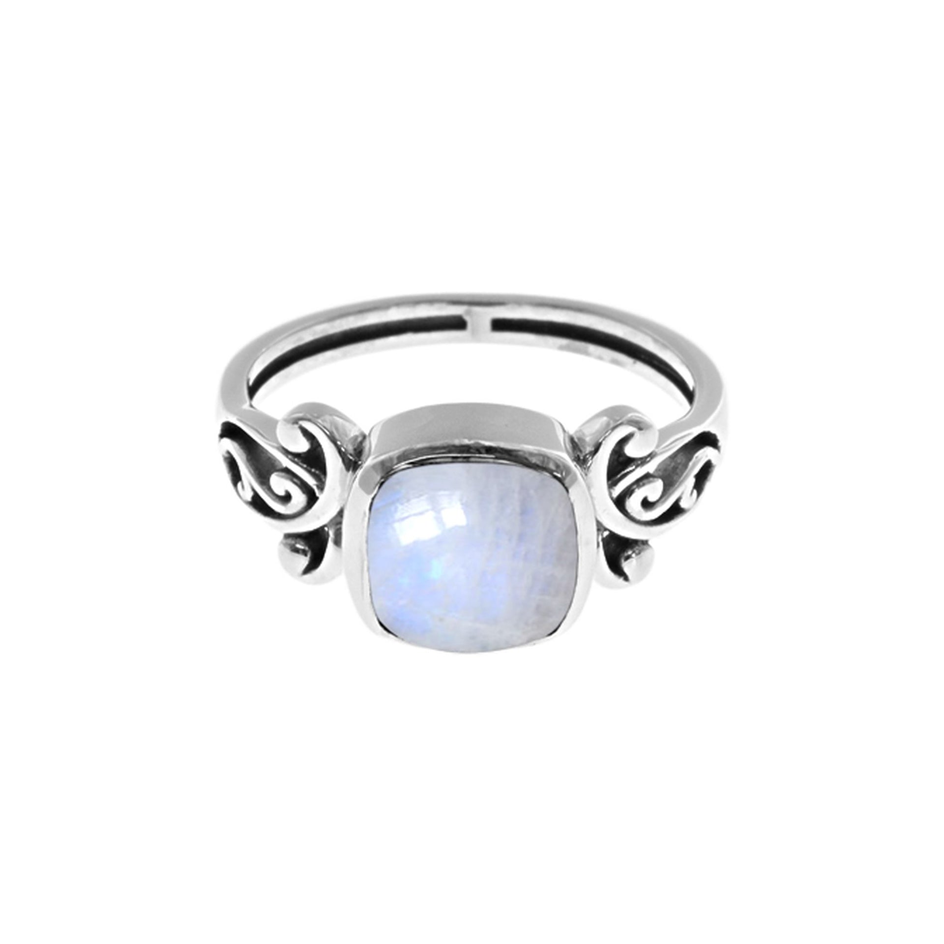 Isla cushion rainbow moonstone ring