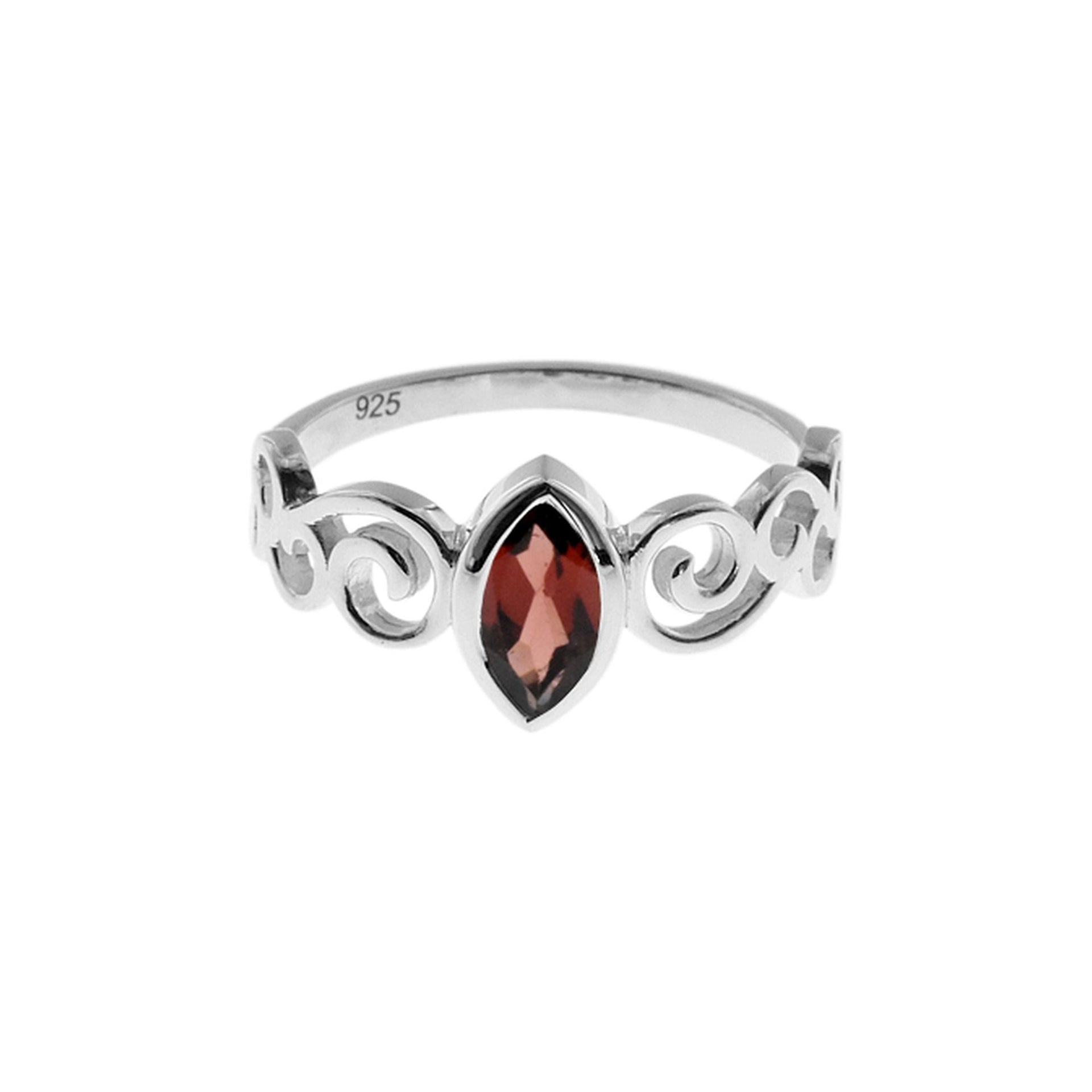 Bridget scroll detail ring with garnet