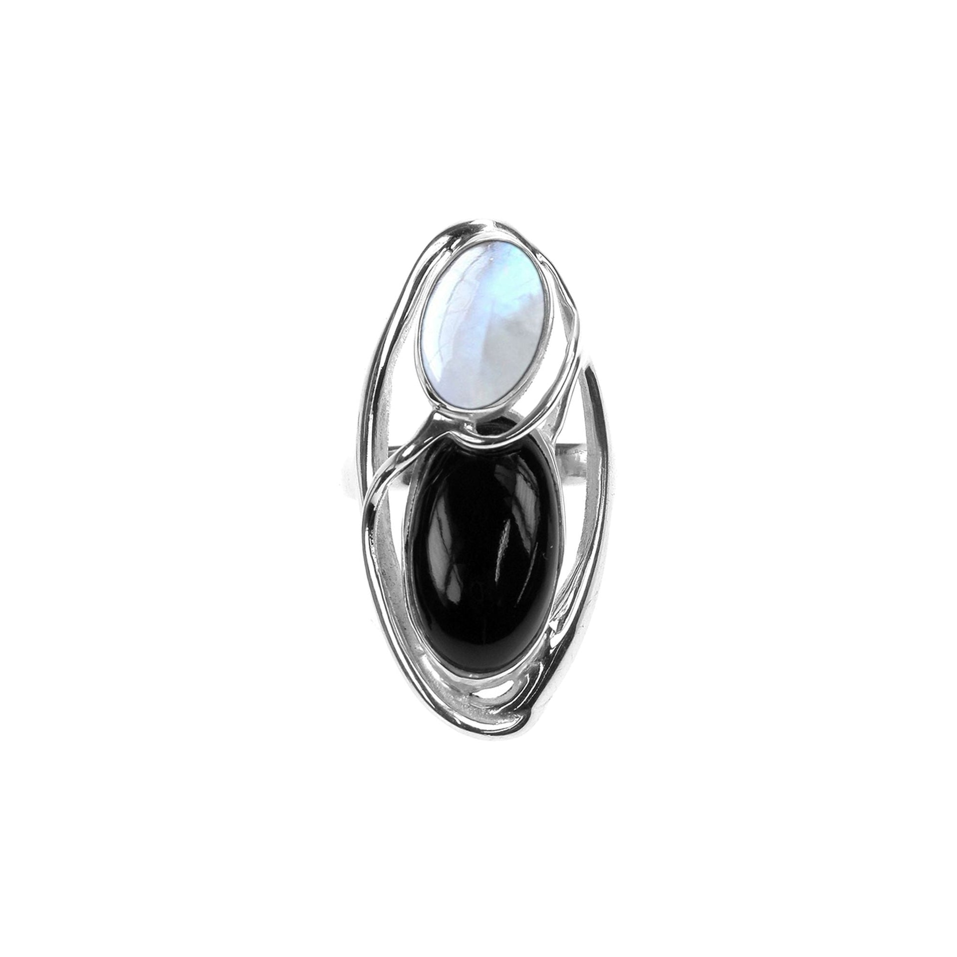 Amy black onyx & rainbow moonstone double oval ring