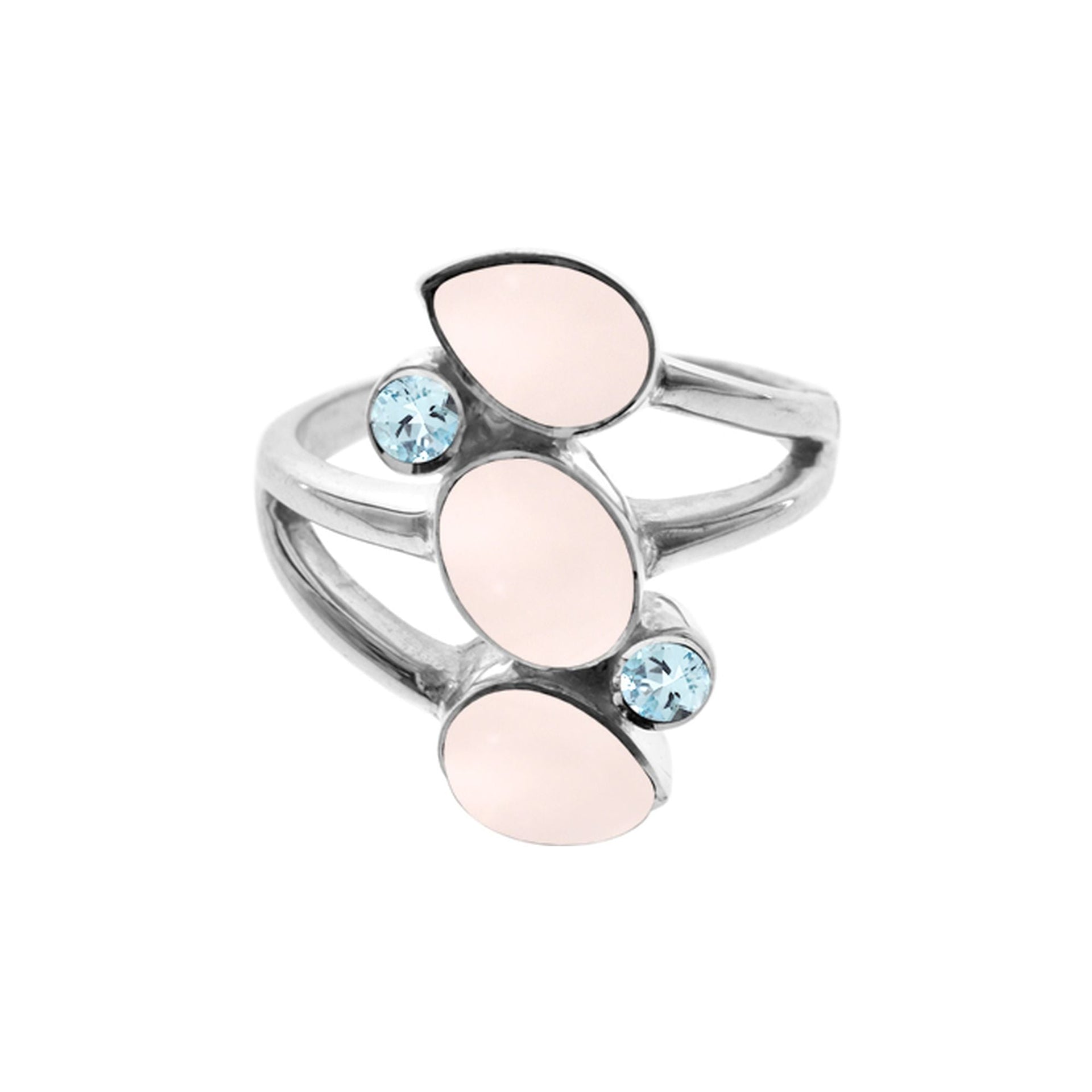Amy rose quartz & blue topaz facet five stone ring