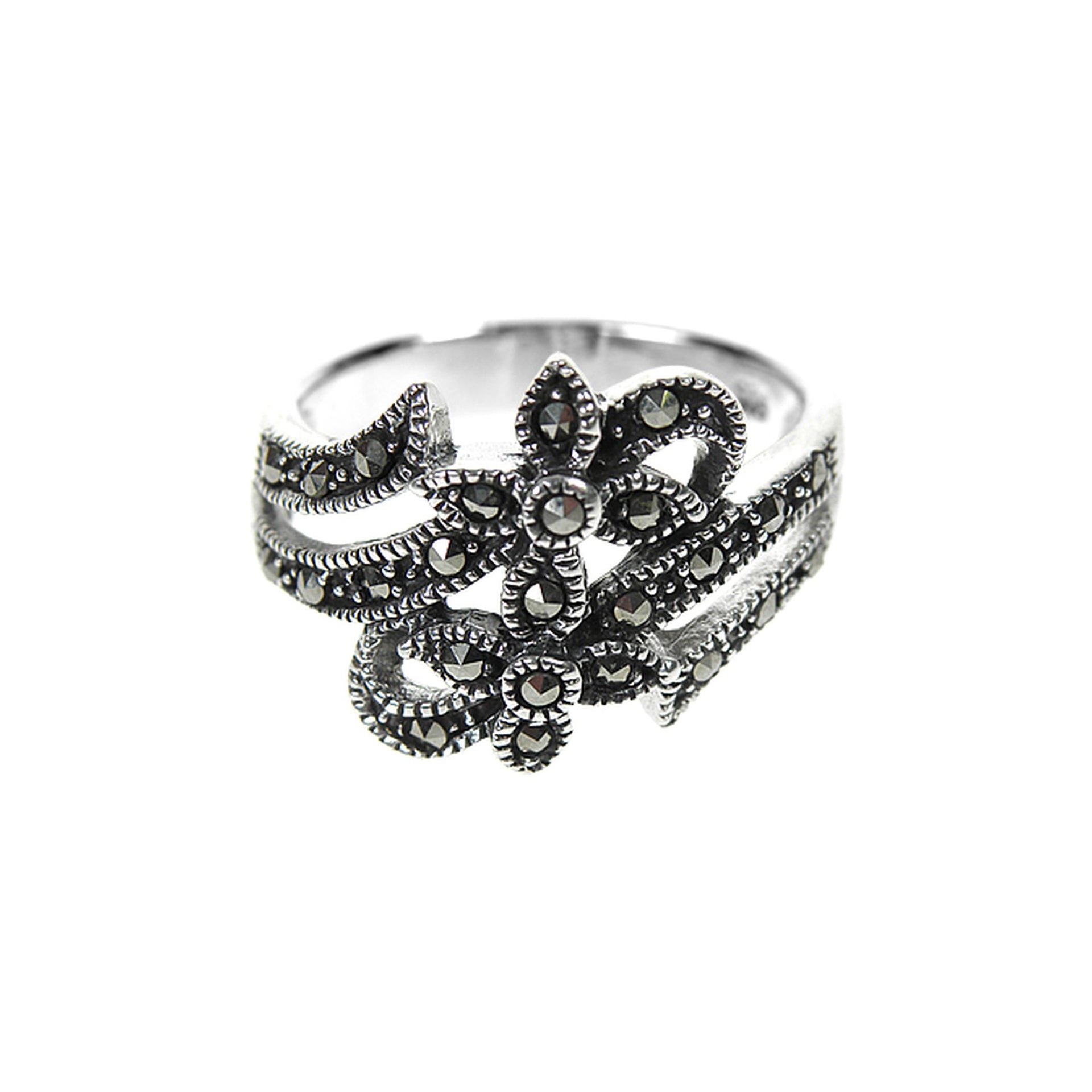 Silver & marcasite ornate floral style ring