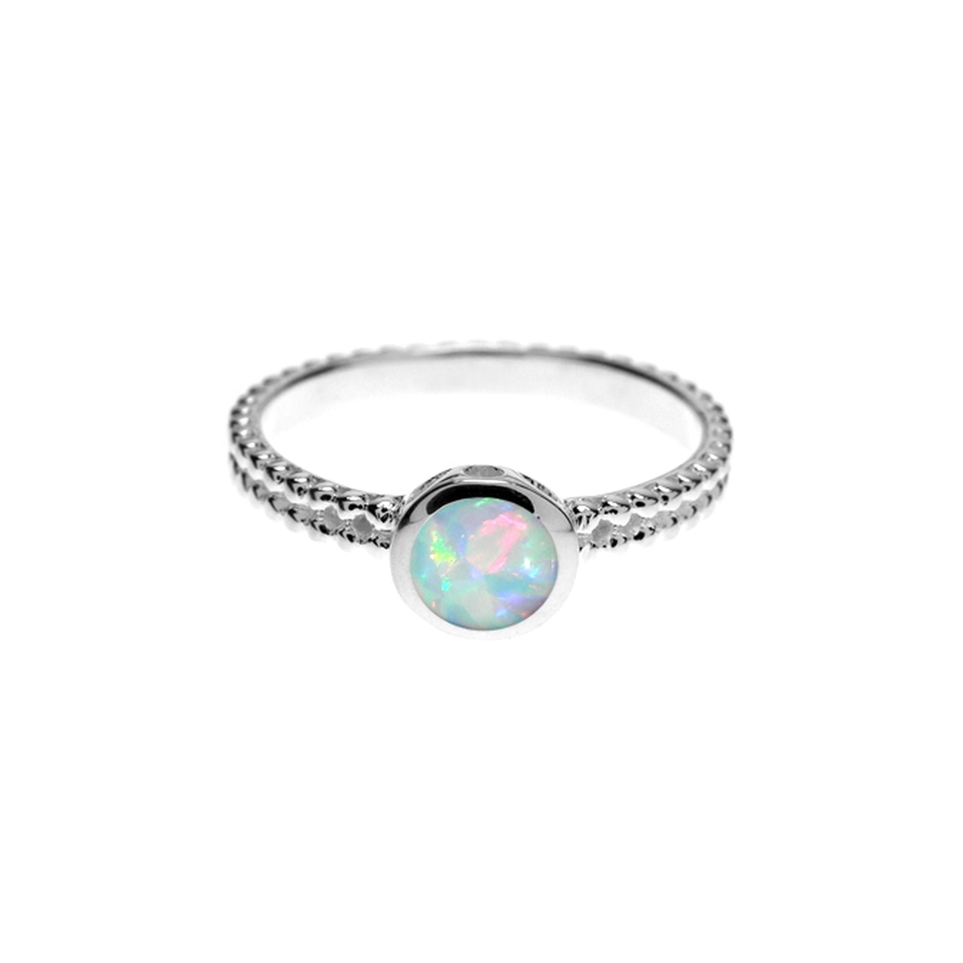 Angelica white opalique solitaire double ball shank ring