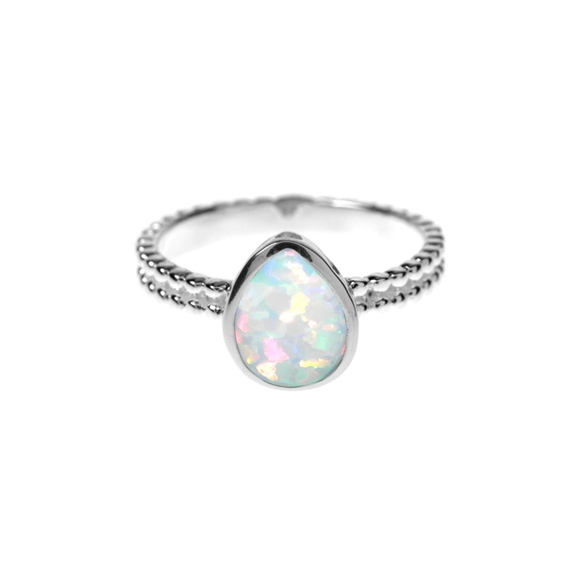 Angelica white opalique teardrop double ball shank ring