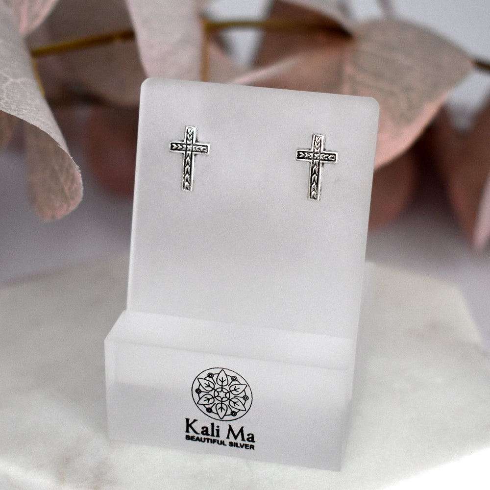 Smile patterned oxidised cross studs