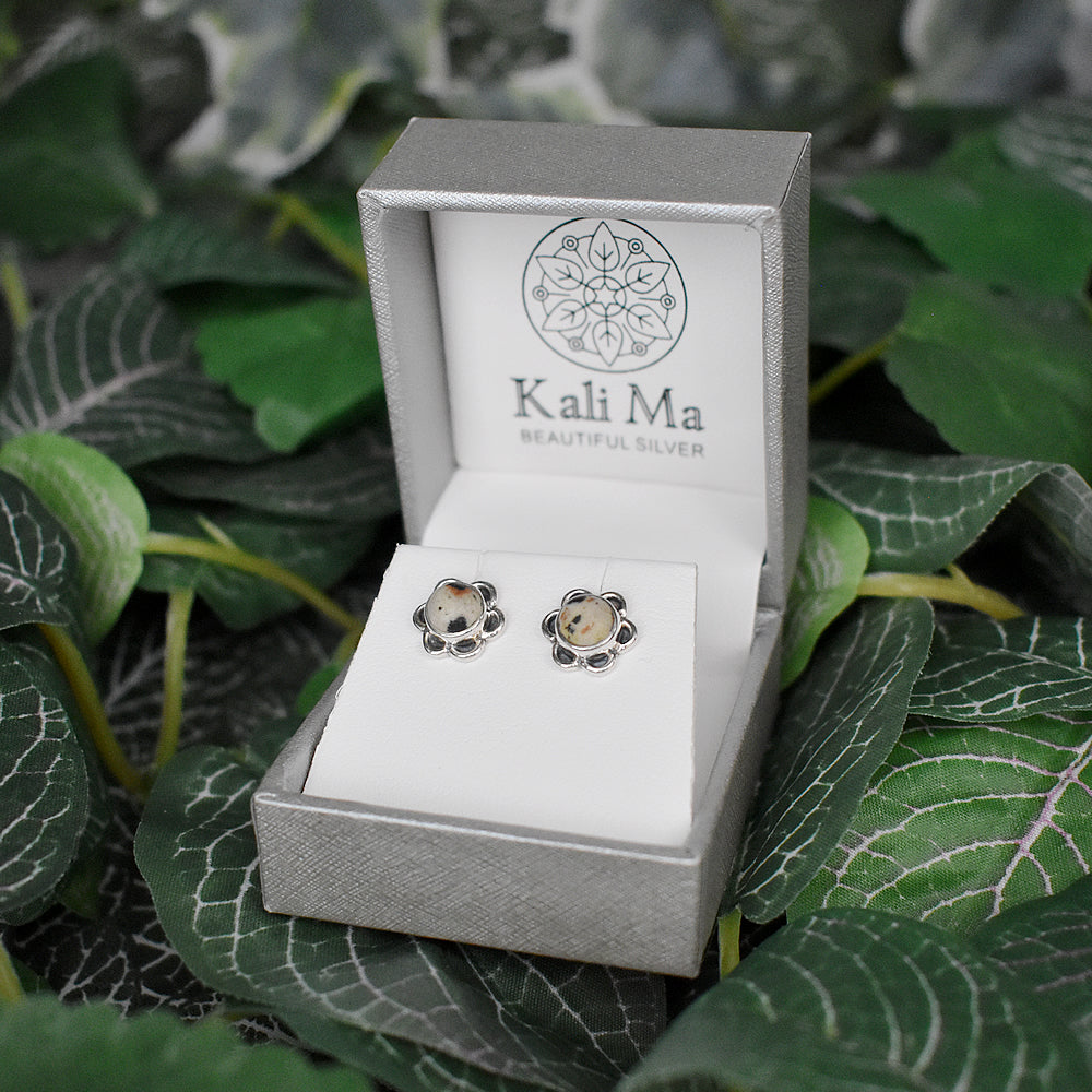 Catalina flower studs with dalmatian jasper centre