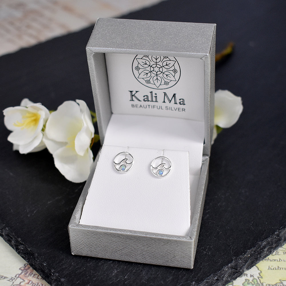 Sasha blue opalique encircled wave studs