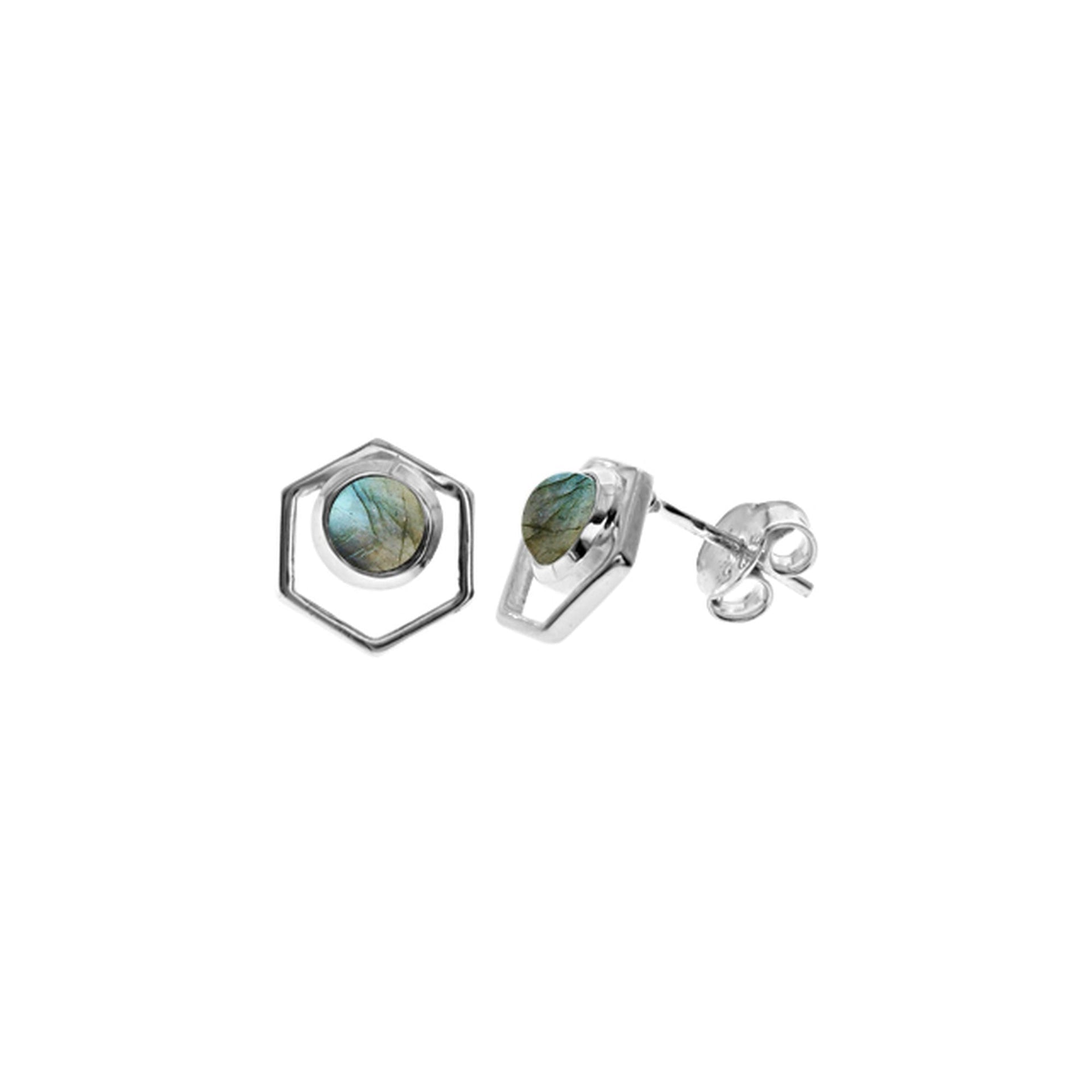 Ivy round labradorite in hexagon surround studs