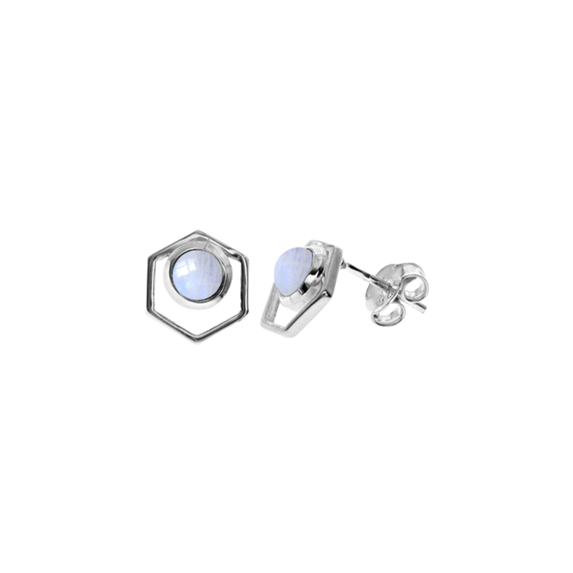Ivy round rainbow moonstone in hexagon surround studs