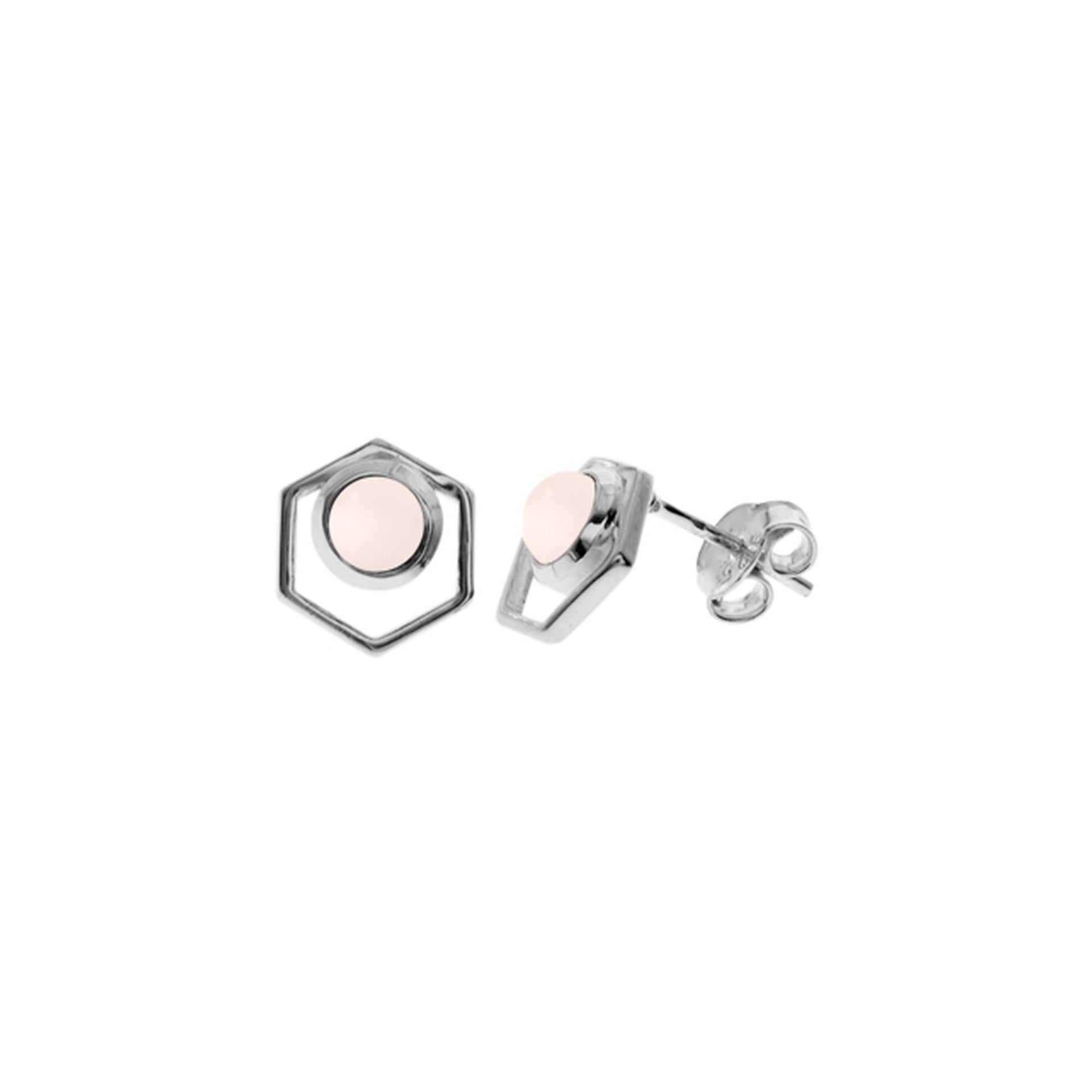 Ivy round rose quartz in hexagon surround studs