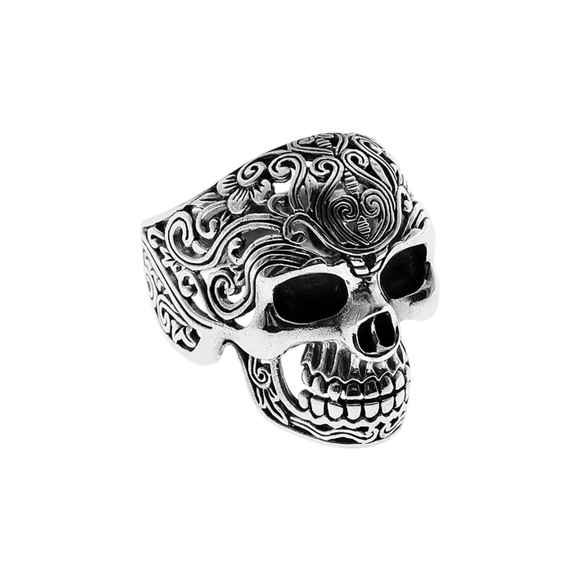 Harley ornately decorated silver skull ring