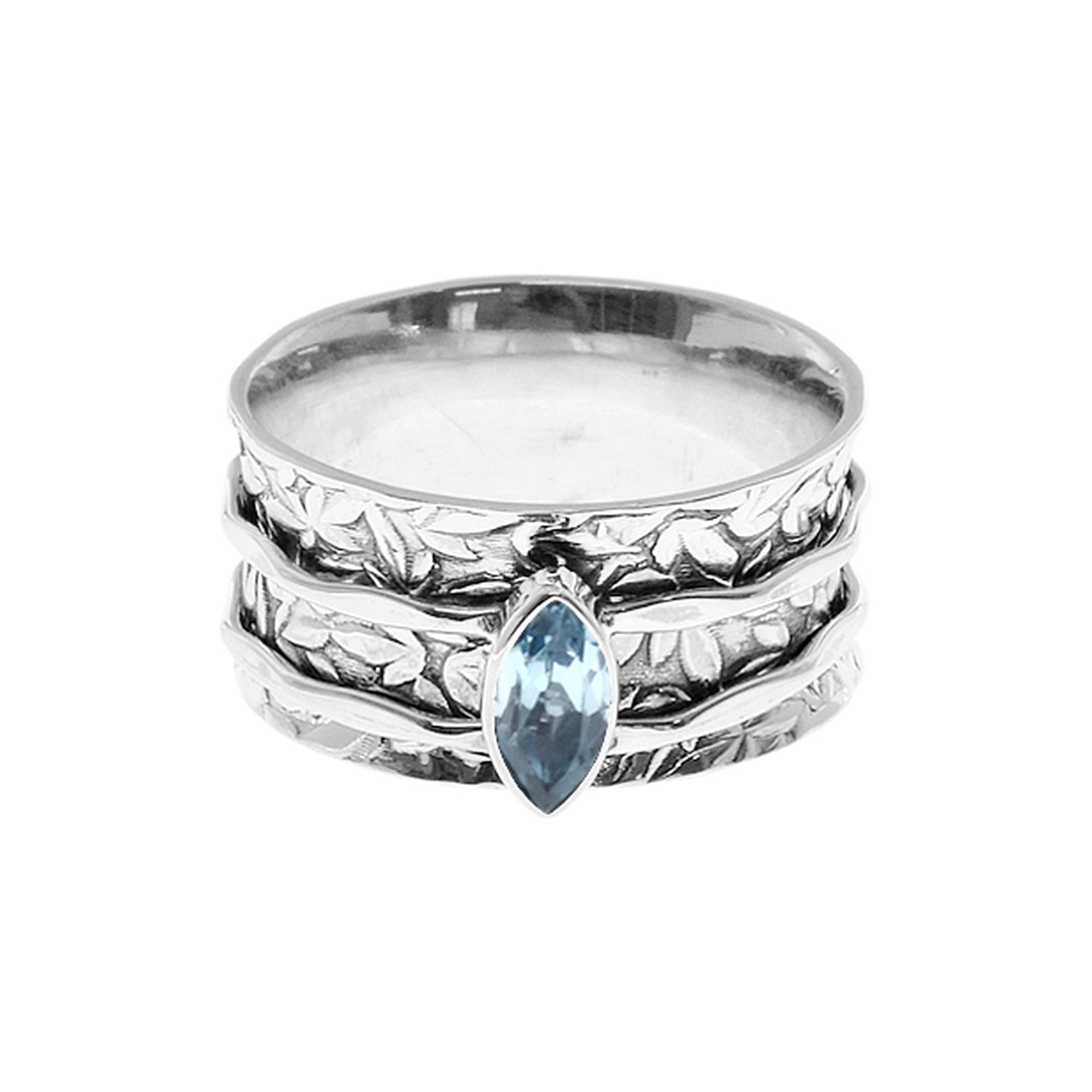 Catalina falling leaves spinner ring with blue topaz marquis